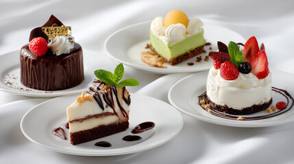Assortment of Gourmet Desserts on White Plates