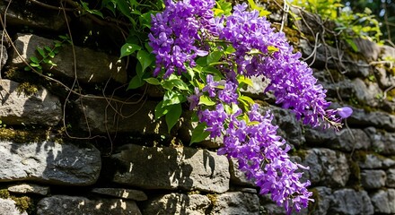 Wisteria cascading over a stone wall in vibrant purple hues.
