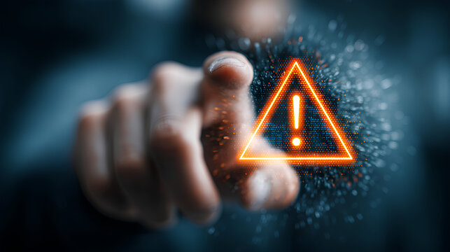 System warning alert with AI and data error concept. Man working on laptop with futuristic interface showing critical error signs, system failure, data breach, and cyber risk notifications. - Powered by Adobe