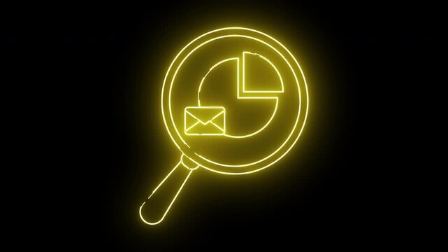 Neon magnifying glass with a pie chart and envelope on a black background