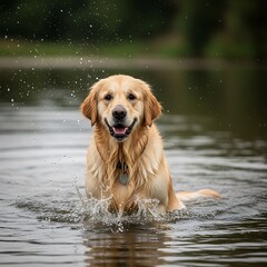 Golden Retriever Splashing in Water - A Joyful Canine Moment.