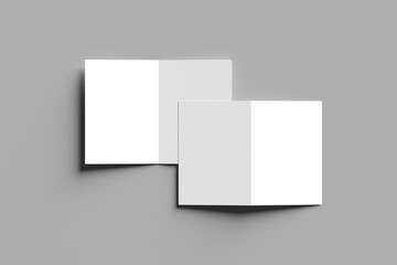 Blank brochure. Mockup of empty brochure with fold, Open flyer isolated on gray background.