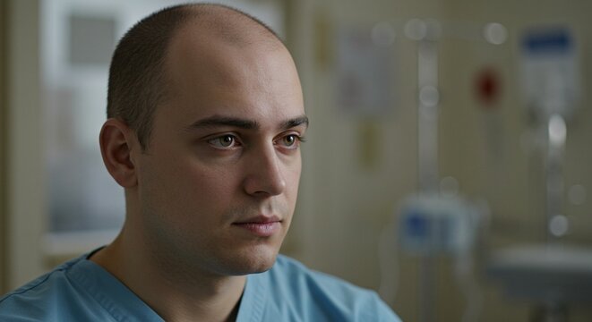 A healthcare worker with a thoughtful expression wearing scrubs in a hospital setting.