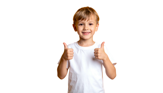 Cheerful blonde boy in white tee gives two thumbs up against a black background, smiling brightly