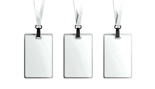 Three blank white identification badges hang on white lanyards against black