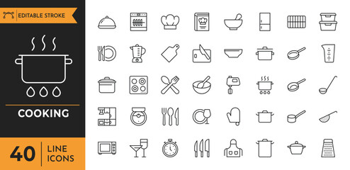 A clean and modern set of cooking icons in minimalist line style with editable strokes, perfect for food apps, recipe blogs, kitchenware packaging, and culinary