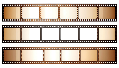 Three filmstrips in a row. A sequence of blank frames. Vintage style and dark background for old effect