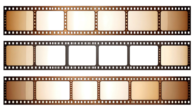 Three filmstrips in a row. A sequence of blank frames. Vintage style and dark background for old effect
