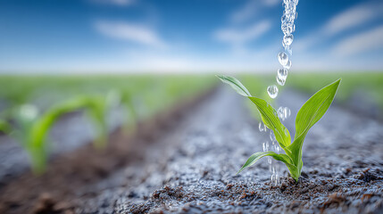 A close-up view of a young green plant receiving water droplets in a fertile field, symbolizing growth and nature.