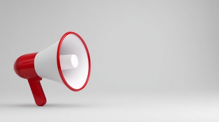 Vibrant red white megaphone on solid gray background symbolizing loud communication public address and important announcements.