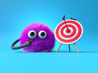 Fluffy, cute monster with a target, symbolizing goals or achievements. 3D rendering, conceptual image. Isolated on white background.