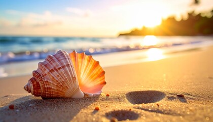 Beautiful shells lie on the sand of a tropical beach near the azure sea