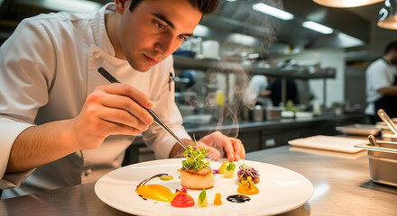 A focused chef meticulously plates a dish in a professional kitchen, showcasing culinary expertise with delicate precision.