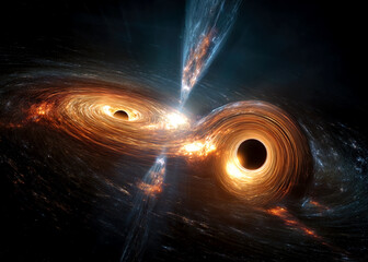 Two black holes orbit each other, unleashing bright jets of energy in a cosmic ballet. This stunning scene captures the beauty of the universe's most enigmatic phenomena.