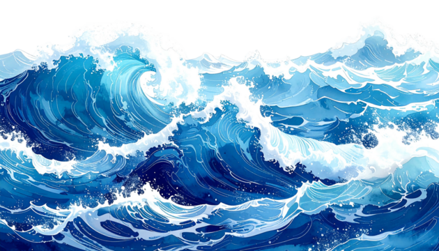 Dynamic, digitally painted blue water waves with seafoam