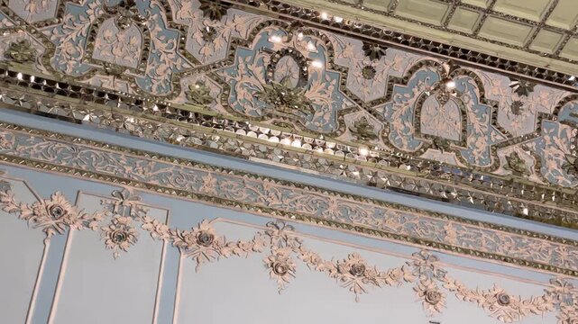 Persian mirror work and plaster molding design intricate details elegant ballroom opulent design regal space majestic castle royal elegance cultural heritage Tehran Iran luxurious decor architecture