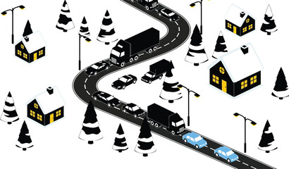 Isometric winter scene with cars trucks and houses vector illustration