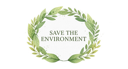 Fototapeta premium Save environment green leaf wreath, eco friendly message, nature conservation, sustainability, watercolor illustration, clean white background