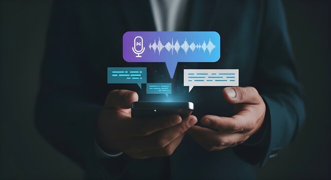 Professional businessman using AI voice assistant technology for speech recognition and smart communication.