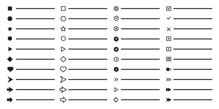 Minimalistic Bullet Point Icon Set.Arrows, Dots, Stars, and Hearts,Vector set for UI UX design, web development, presentations and infographics..eps