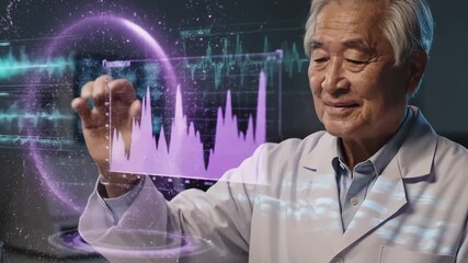 An elderly Asian doctor interacts with projected medical data, smiling. Graphs and visualizations abound - Powered by Adobe