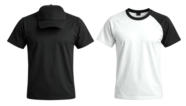 Two blank t-shirts, one black with matching cap, one white with black sleeves, ready for branding on white background