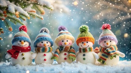 Charming group of five adorable snowmen wearing colorful knitted winter hats and scarves standing in a snowy forest scene with festive bokeh lights and frosted pine branches above