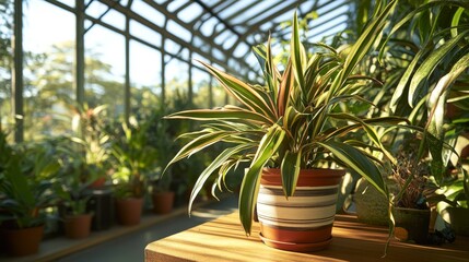 Obraz premium 100.A potted dracaena plant with variegated, striped leaves resting on a wooden shelf inside a greenhouse, surrounded by other plants and natural light. The clean, bright atmosphere emphasizes the
