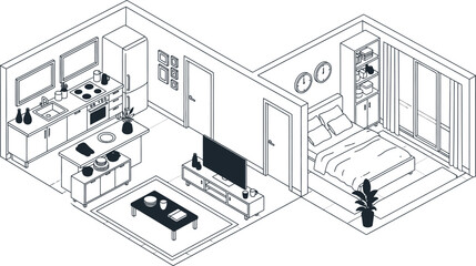 Isometric apartment layout design floor plan kitchen bedroom livingroom