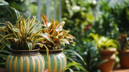 Obraz premium 97.A close-up of variegated dracaena cultivars in decorative pots, with their bold striped leaves creating a stunning visual contrast. The greenhouse background is lush with greenery, providing a