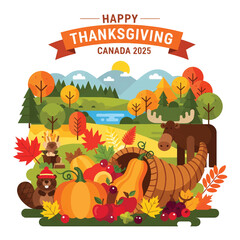 Naklejka premium A vibrant illustration of a Canadian Thanksgiving celebration with a cornucopia of autumnal fruits and vegetables, set against a scenic landscape with mountains, trees, and a serene lake,