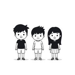 Three stylized children, rendered in black and white, stand against a clean, white background.