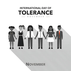 An illustration depicts diverse people holding hands, promoting tolerance with a neutral tone.