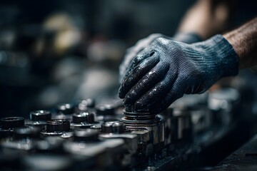 Gloved hands work on industrial components, highlighting mechanical precision and craftsmanship.