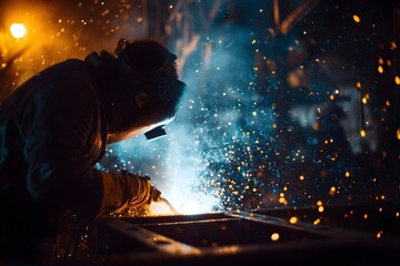 A worker welds metal, creating sparks in an industrial setting, highlighting craftsmanship and labor.