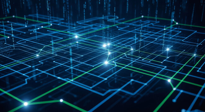 Abstract digital network with interconnected circuits and data flow visualization