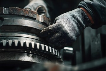 Gloved hands work on a metal gear component in an industrial setting, emphasizing mechanical precision and craftsmanship.