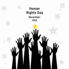 Black silhouettes of hands reach upwards towards a golden star against a light background, with text.