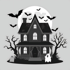 A spooky black and white illustration features a haunted house with bats and ghosts under a full moon.