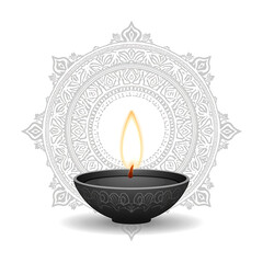 A glowing lamp sits against a detailed circular design, creating a serene and spiritual composition.