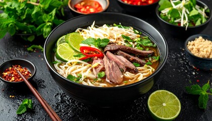 Delicious Asian noodle soup with fresh ingredients in a black bowl
