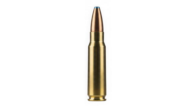 Single rifle bullet isolated on transparent background ready for target practice