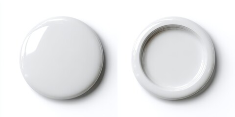 Empty circular pin badge set showing both front and back sides, ready for custom design. A blank white button mockup template isolated on a white background
