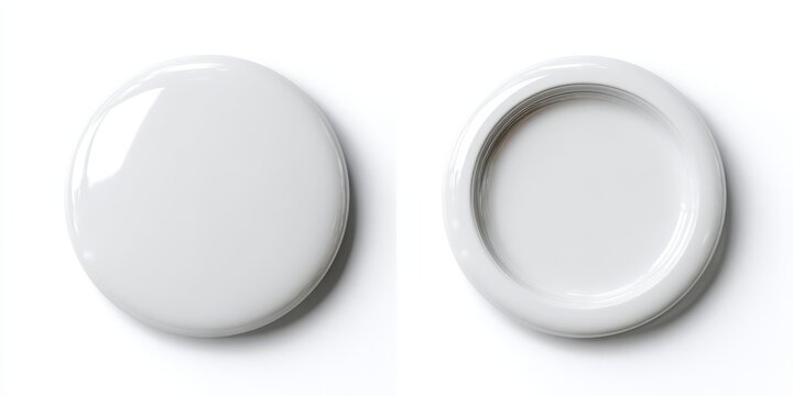 Empty circular pin badge set showing both front and back sides, ready for custom design. A blank white button mockup template isolated on a white background