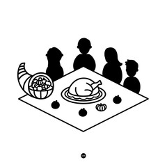 A family gathers around a table laden with a roasted turkey and autumn harvest elements.