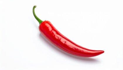A single vibrant red chili pepper placed against a clean white background, captured in sharp close-up detail.