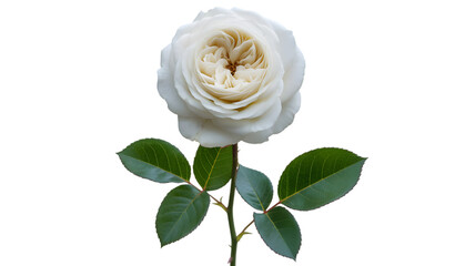 Elegant white rose bloom with green leaves against a dark background