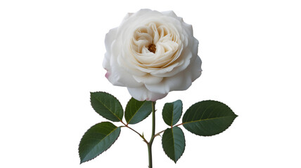 Elegant cream colored rose bloom with green leaves on black background