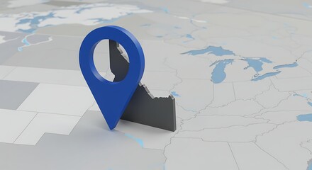 3D map with a blue location marker highlighting a state. Gray scale color scheme