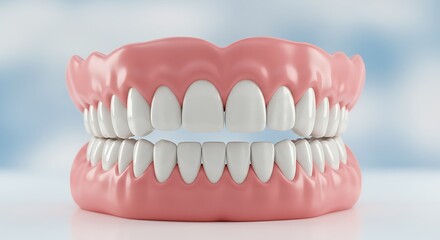Obraz premium 3D render of a complete set of dentures, upper and lower, against a soft, blurred backdrop